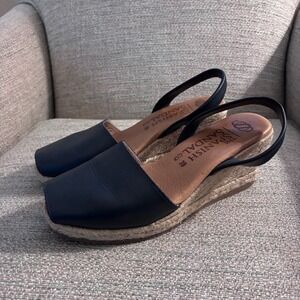 The Spanish Sandal Co Navy Leather Espadrille Wedge Sandals Slingback Size 39‎
